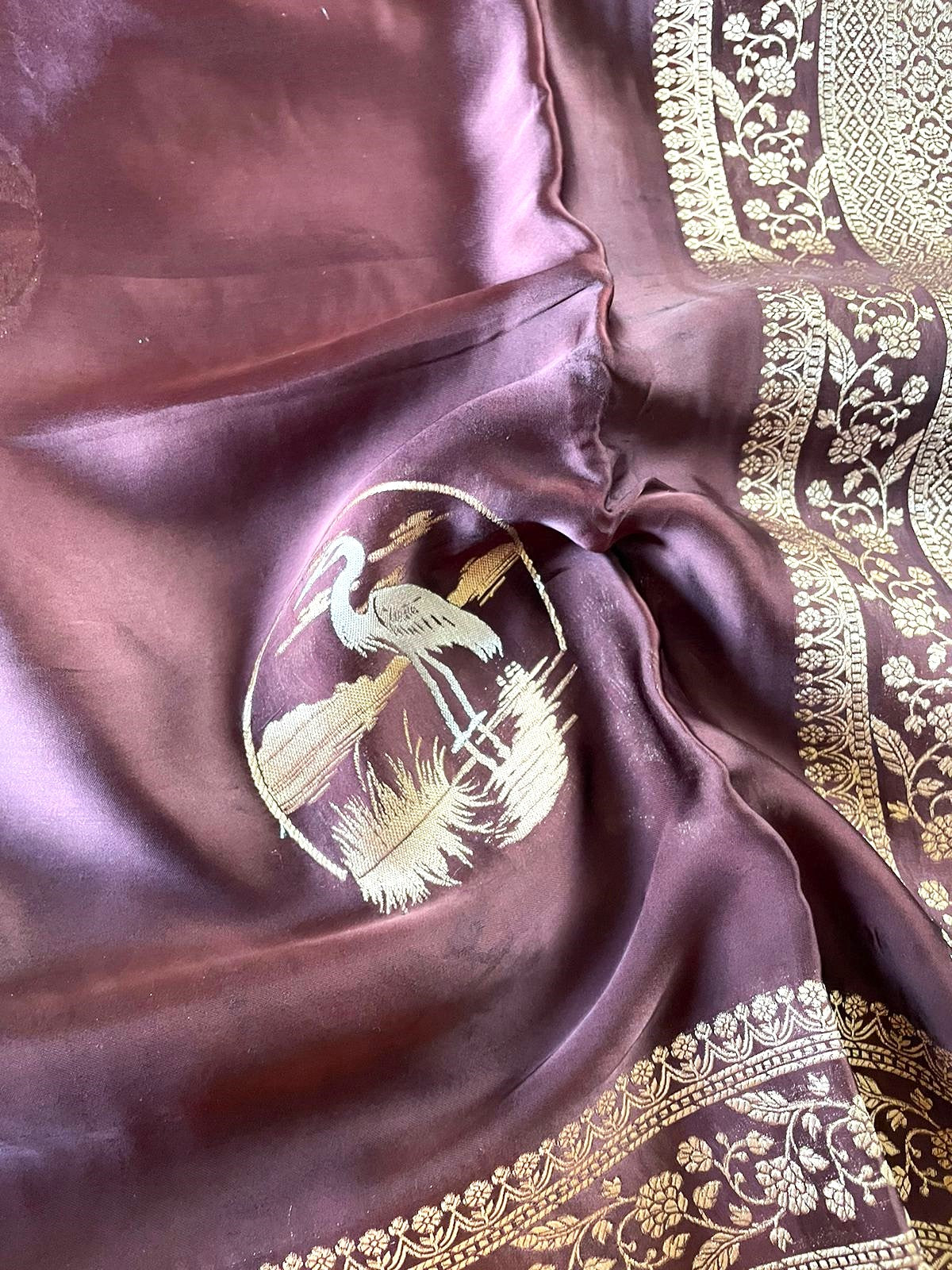 Brown Handwoven Satin Banarasi Saree Shikargah Zari Work