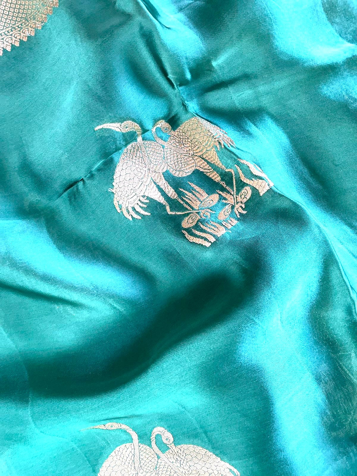 Green Banarasi Satin Saree Buti Shikargah