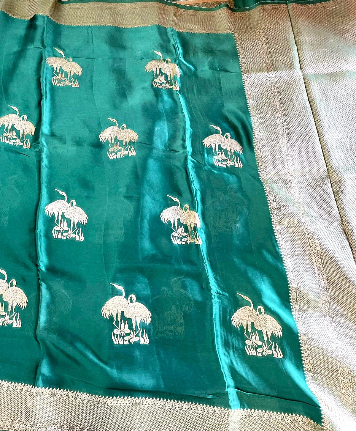 Green Banarasi Satin Saree Buti Shikargah