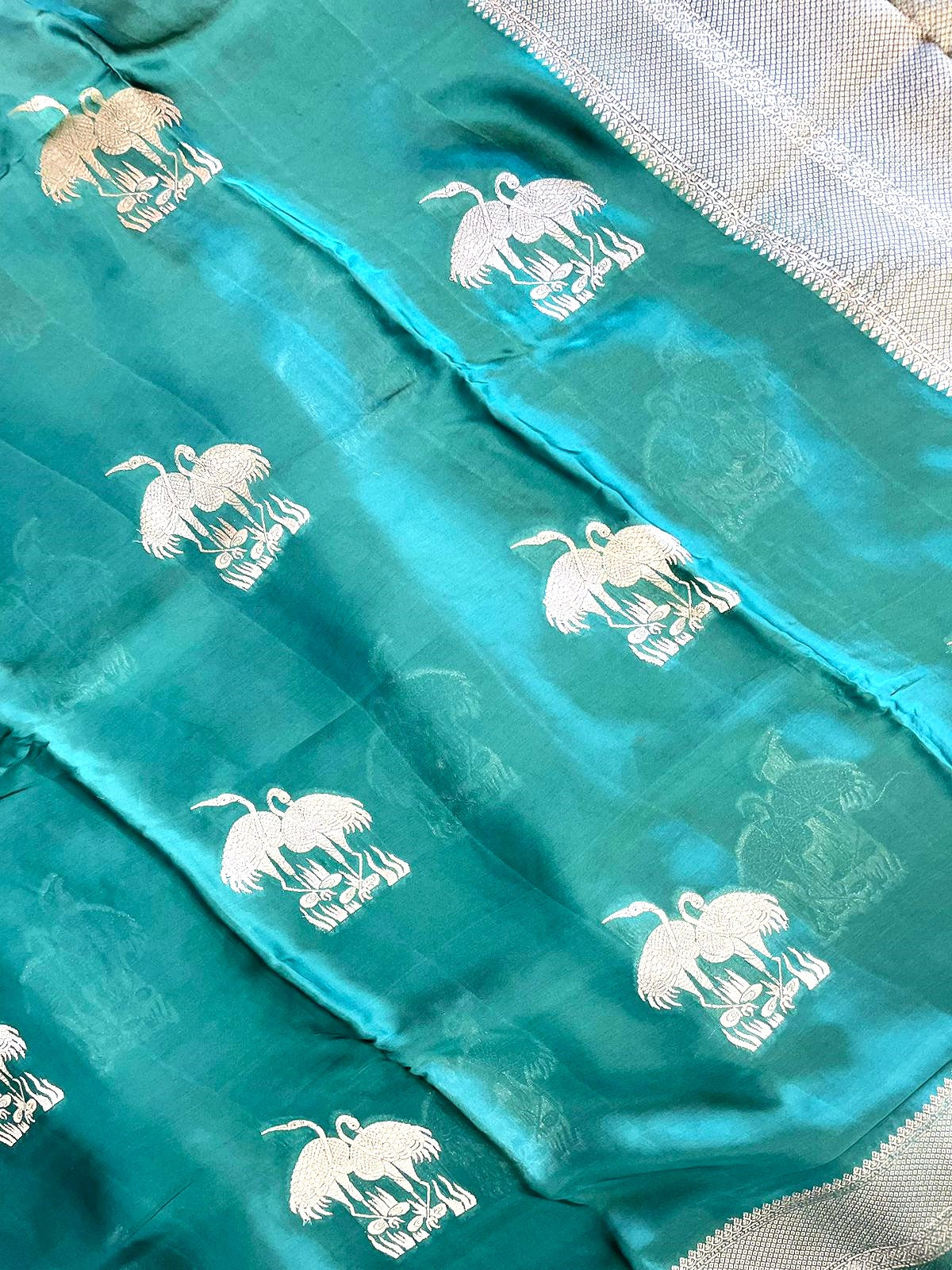 Green Banarasi Satin Saree Buti Shikargah