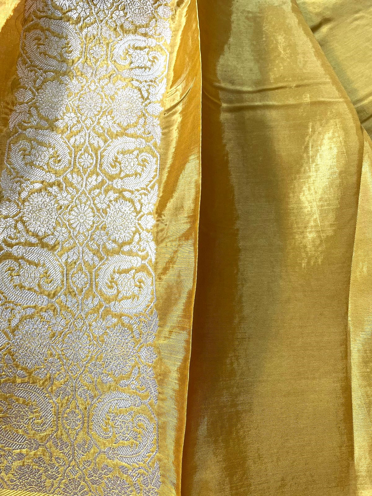 Pure Crepe Yellow Banarasi Saree with Gold &amp; Silver Zari