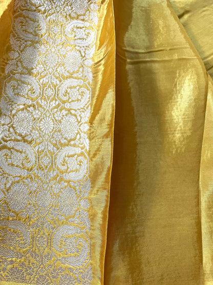Pure Crepe Yellow Banarasi Saree with Gold &amp; Silver Zari