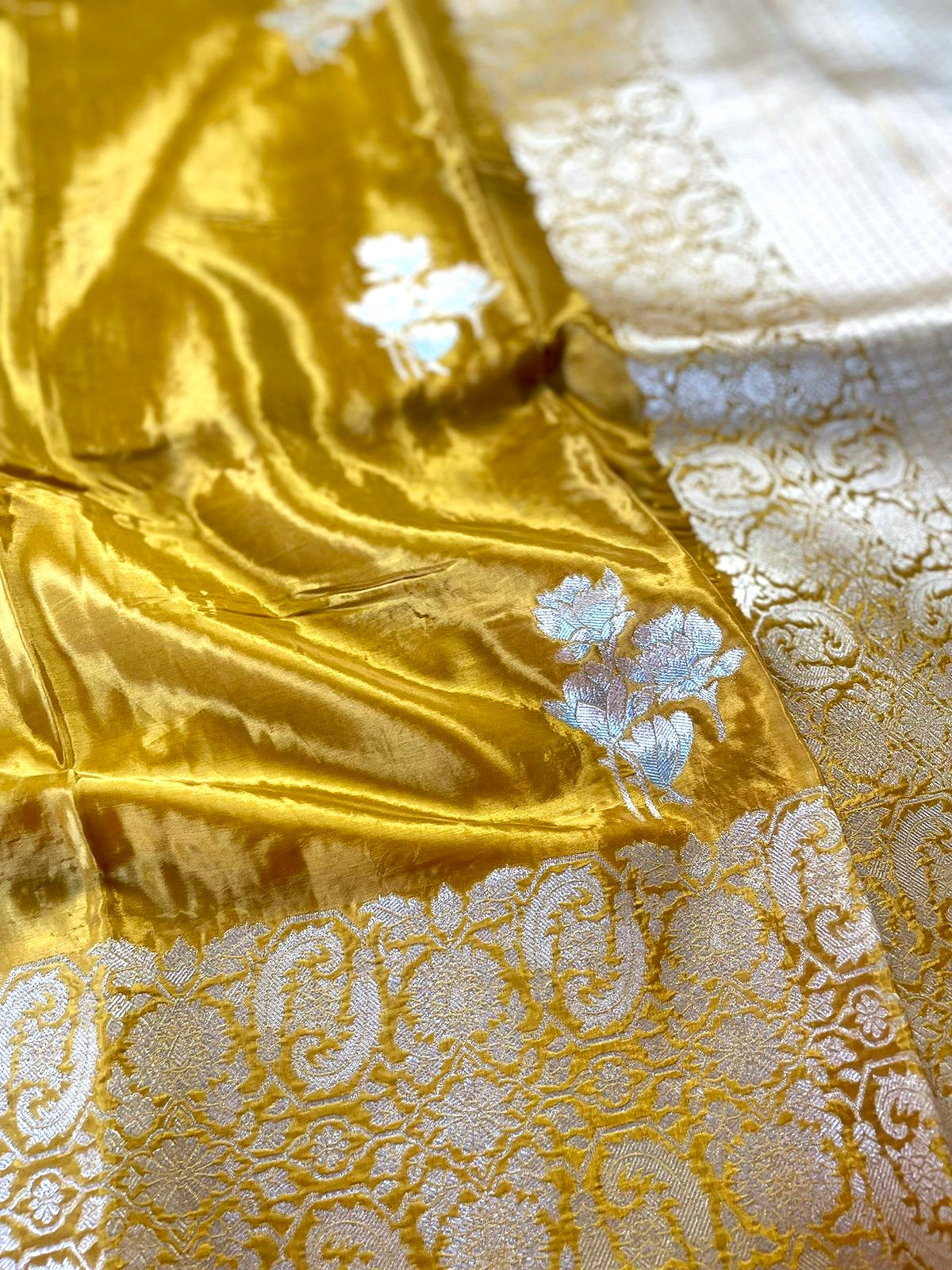 Pure Crepe Yellow Banarasi Saree with Gold &amp; Silver Zari