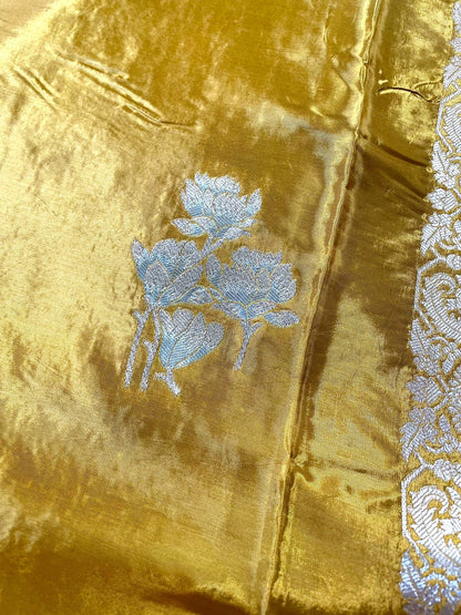 Pure Crepe Yellow Banarasi Saree with Gold &amp; Silver Zari