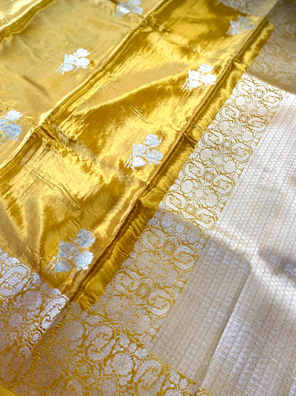 Pure Crepe Yellow Banarasi Saree with Gold &amp; Silver Zari