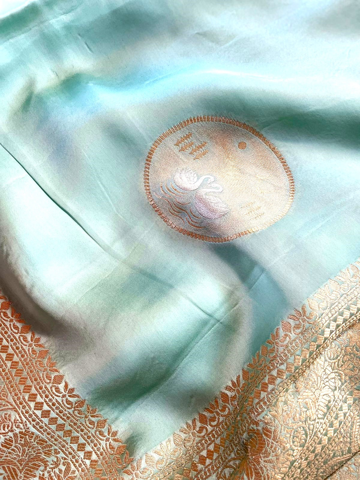 Green Banarasi Satin Saree Sona-Rupa Shikargah