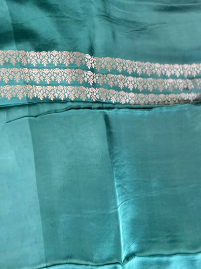 Green Satin Banarasi Saree with Shikargah Buti