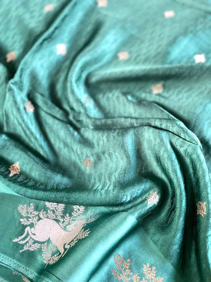 Green Satin Banarasi Saree with Shikargah Buti