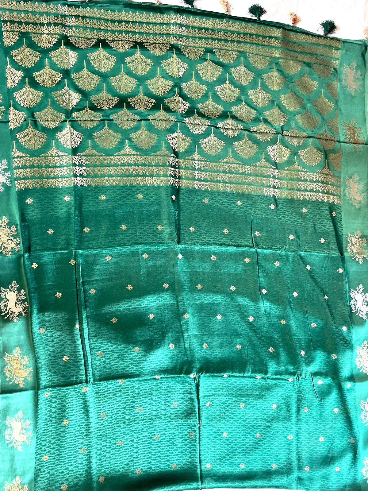 Green Satin Banarasi Saree with Shikargah Buti