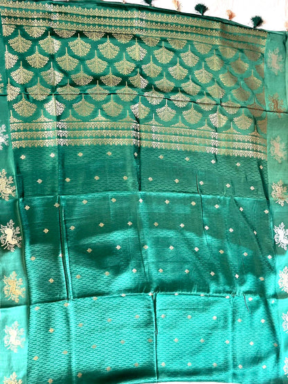Green Satin Banarasi Saree with Shikargah Buti