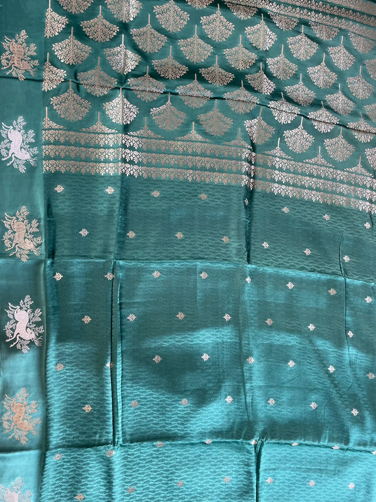 Green Satin Banarasi Saree with Shikargah Buti