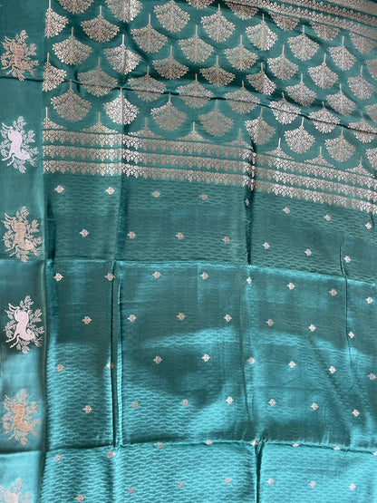 Green Satin Banarasi Saree with Shikargah Buti