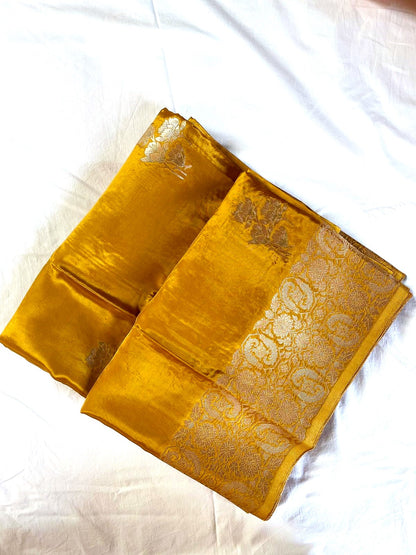 Pure Crepe Yellow Banarasi Saree with Gold &amp; Silver Zari