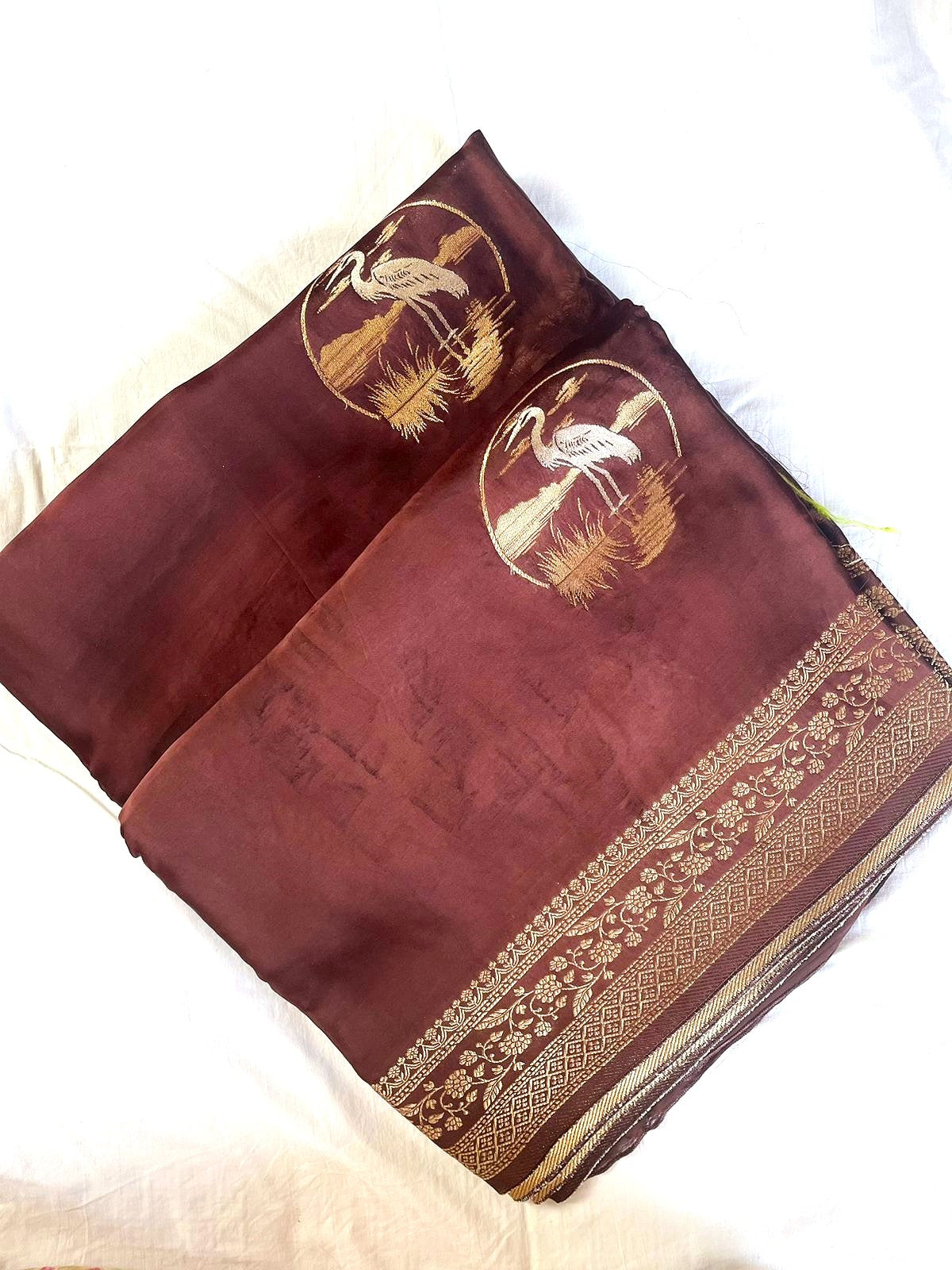Brown Handwoven Satin Banarasi Saree Shikargah Zari Work