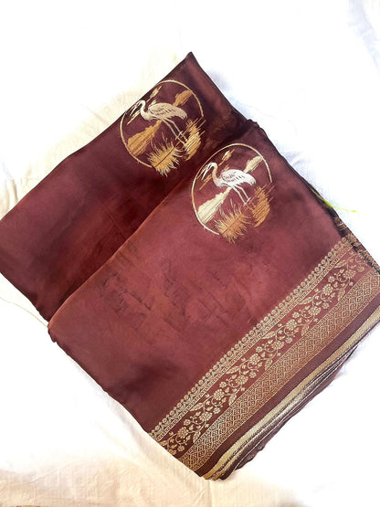 Brown Handwoven Satin Banarasi Saree Shikargah Zari Work