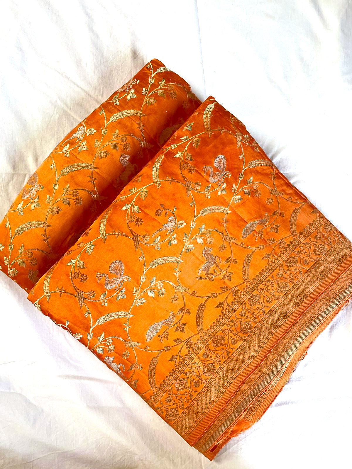 Orange Satin Jaal Shikargah Banarasi Saree