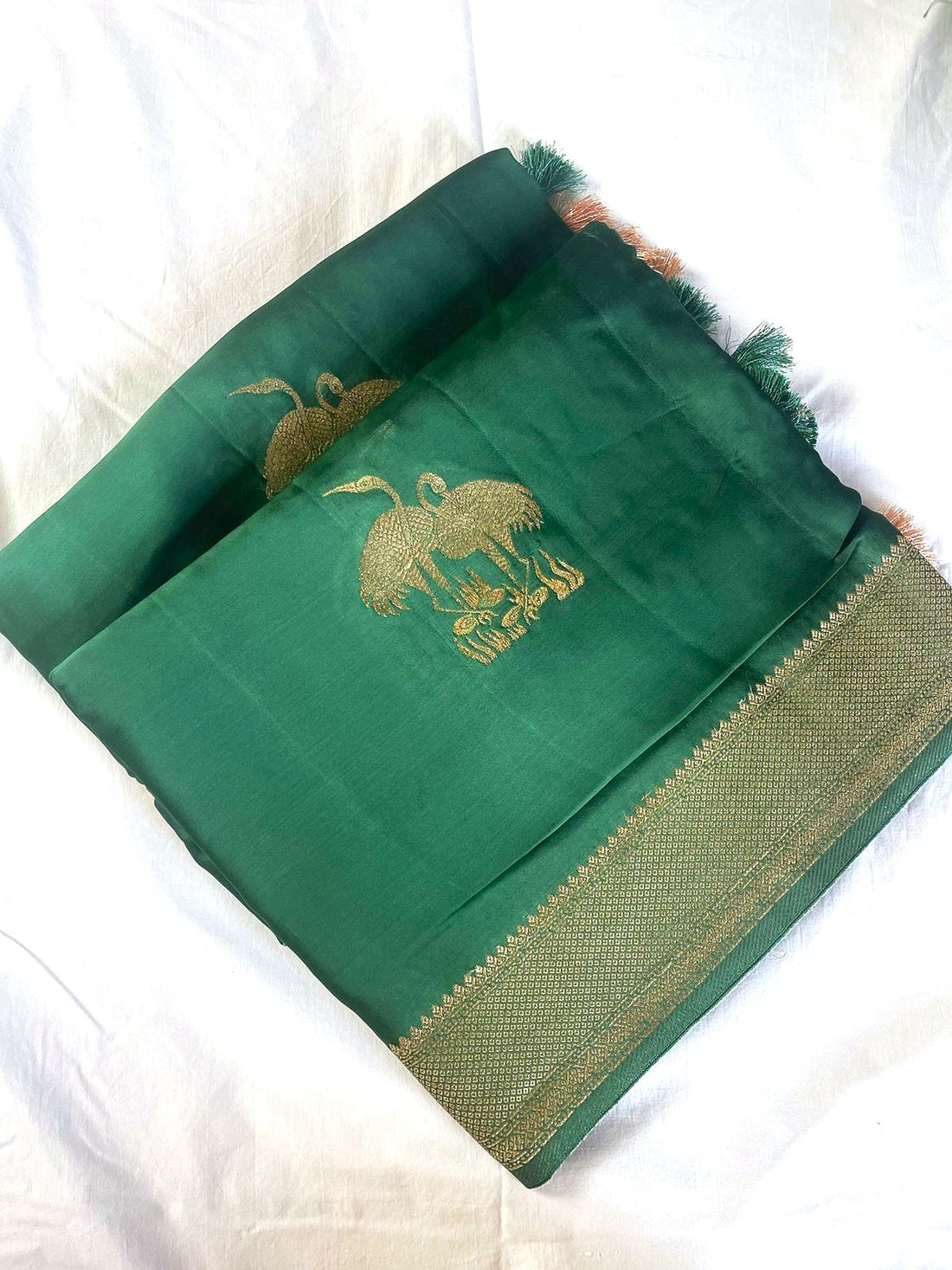 Green Banarasi Satin Saree Buti Shikargah
