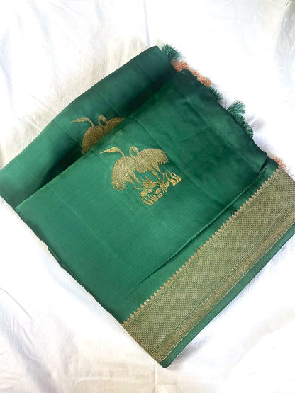 Green Banarasi Satin Saree Buti Shikargah