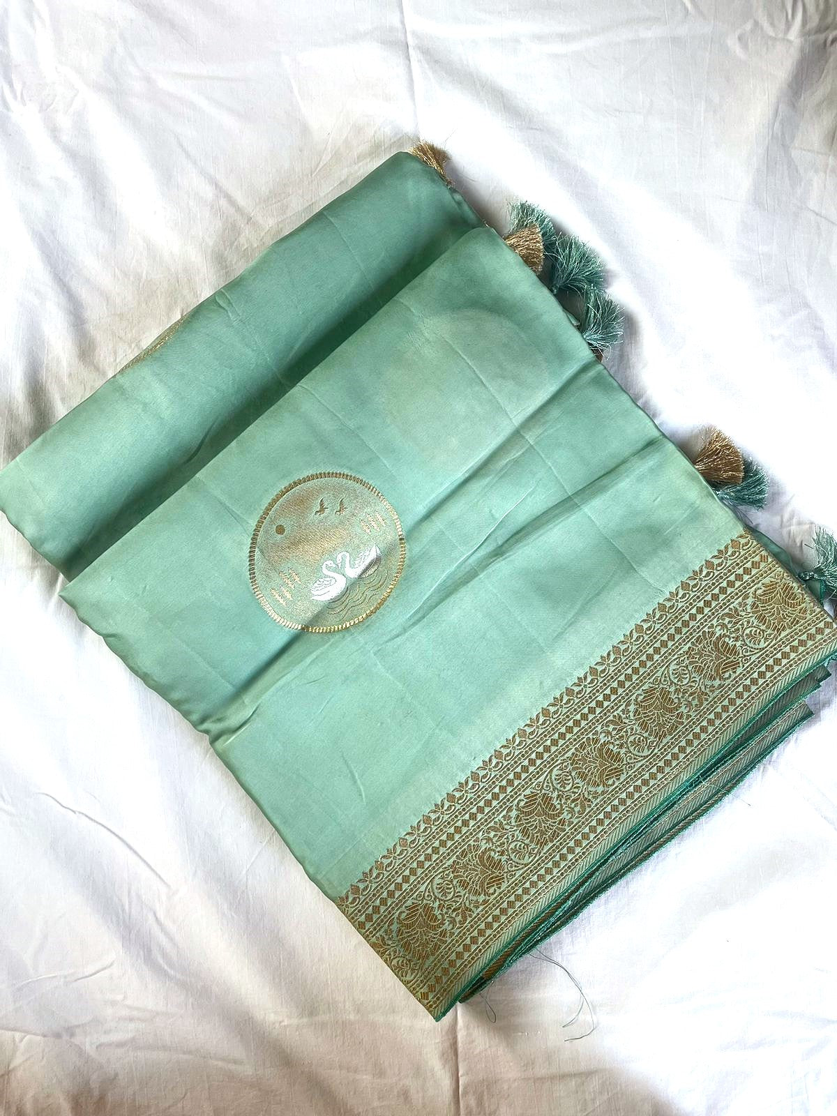 Green Banarasi Satin Saree Sona-Rupa Shikargah