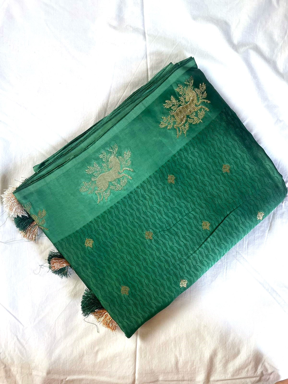 Green Satin Banarasi Saree with Shikargah Buti