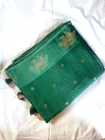 Green Satin Banarasi Saree with Shikargah Buti
