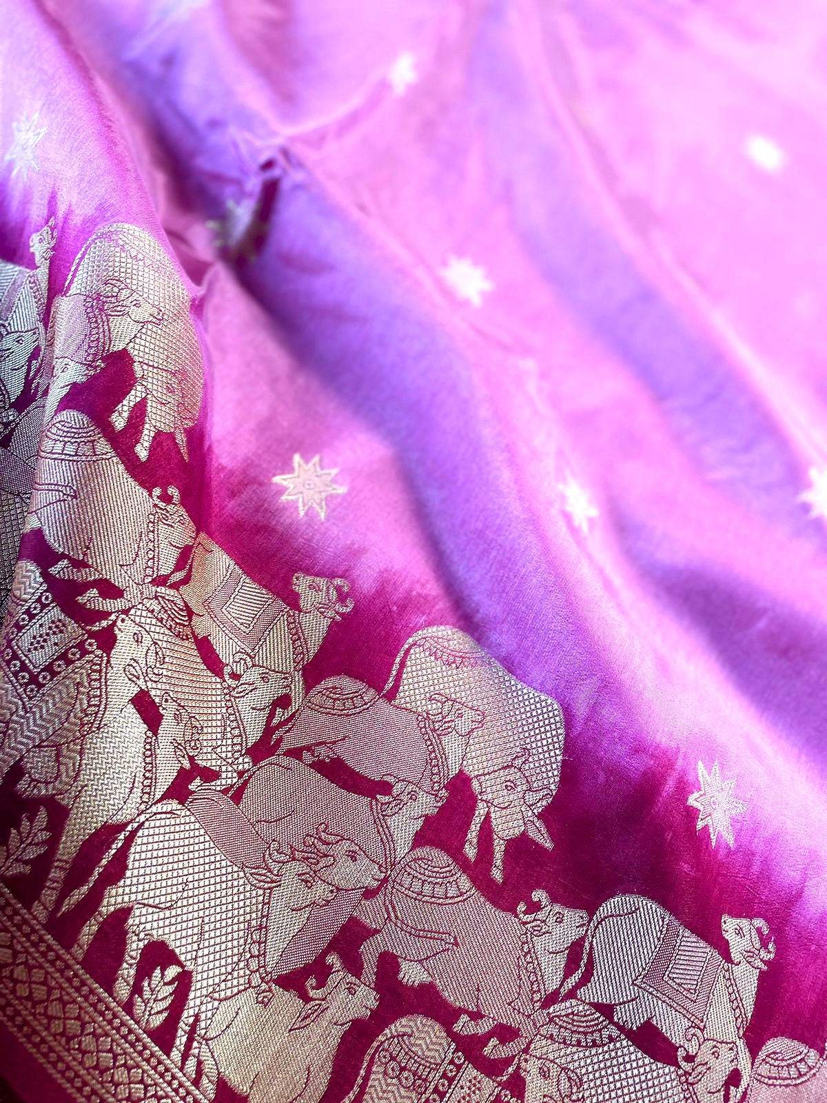 Pink Banarasi Munga Crepe Saree with Shikargah