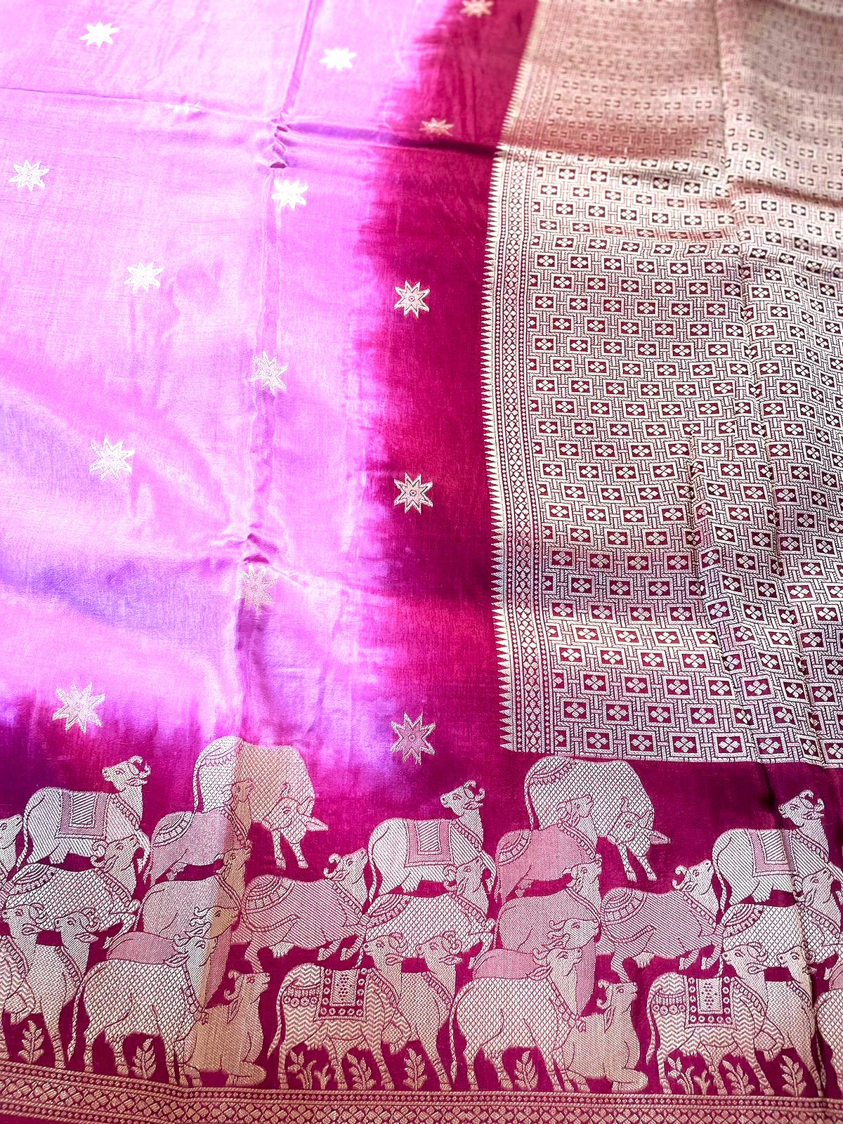 Pink Banarasi Munga Crepe Saree with Shikargah