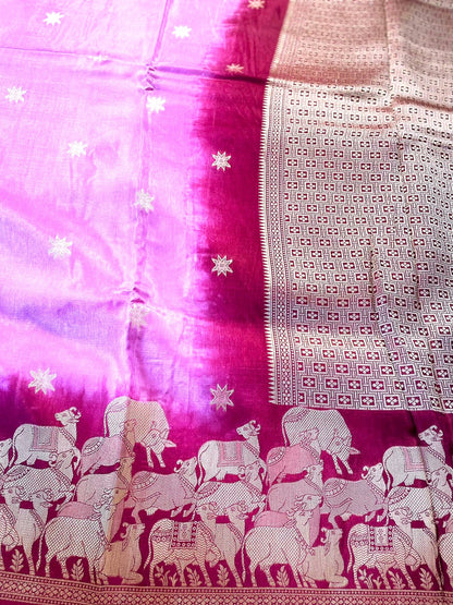 Pink Banarasi Munga Crepe Saree with Shikargah