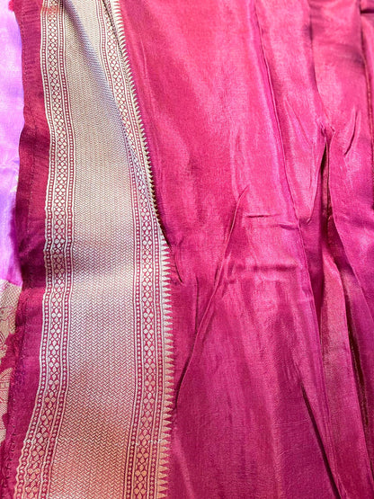 Pink Banarasi Munga Crepe Saree with Shikargah