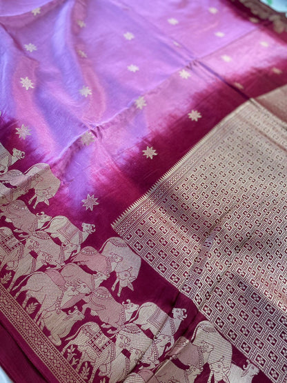 Pink Banarasi Munga Crepe Saree with Shikargah