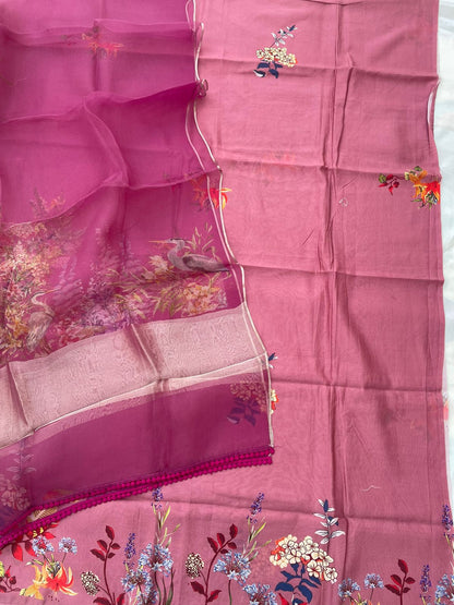 Pink Digital Printed Chanderi Cotton Banarasi Suit Fabric