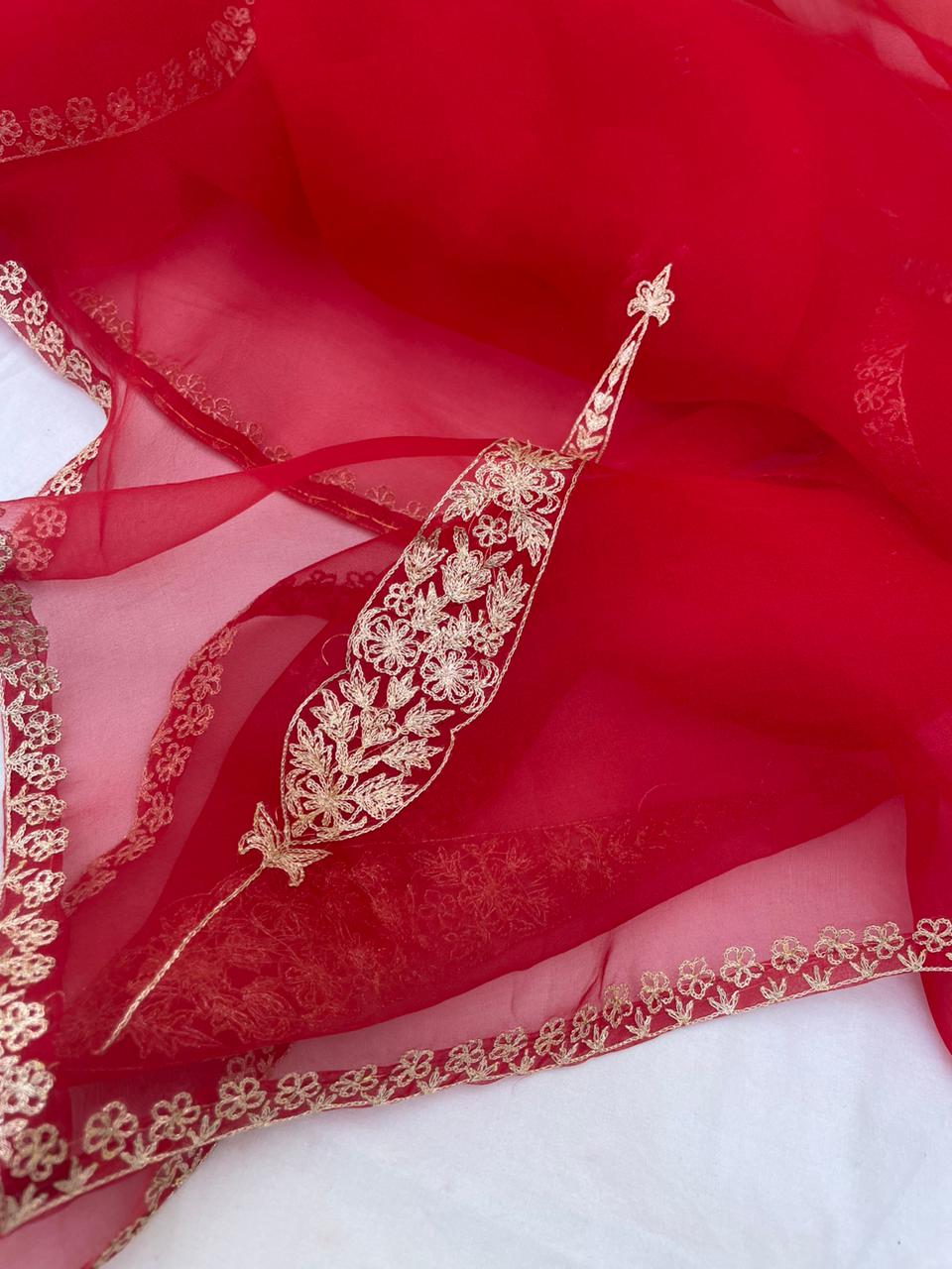 Red Organza Banarasi Dupatta with Koniya