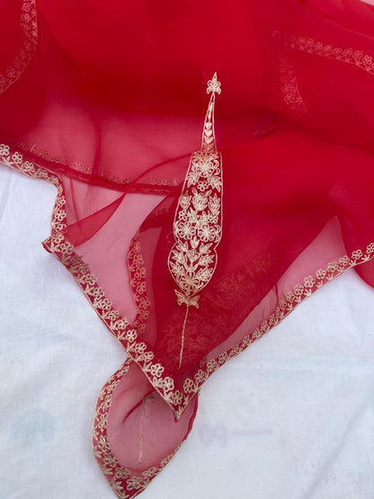 Red Organza Banarasi Dupatta with Koniya
