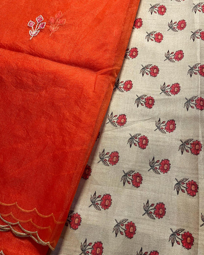 Unstitched Tussar Silk 3 Pc Print Suit Fabric