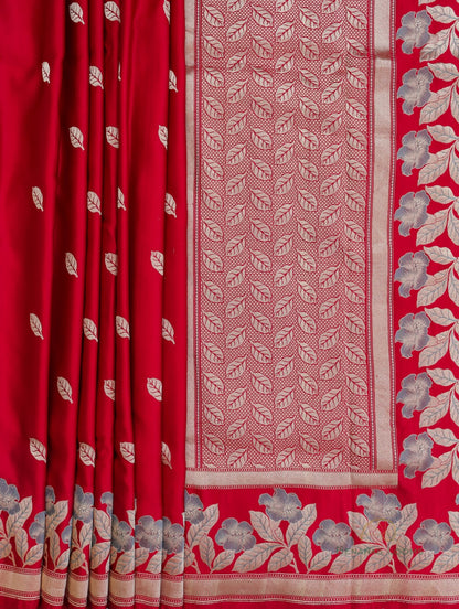 Red Handloom Satin Silk Kadhua Butidar Banarasi Saree