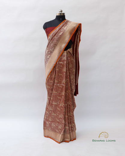 Maroon Pure Kataan Silk Shikargah Jangla Handwoven Banarasi Saree