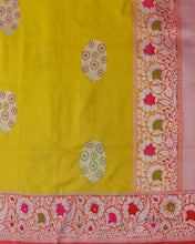 Load image into Gallery viewer, Yellow Floral Satin Silk Kadhua Meenakari  Banarasi Saree
