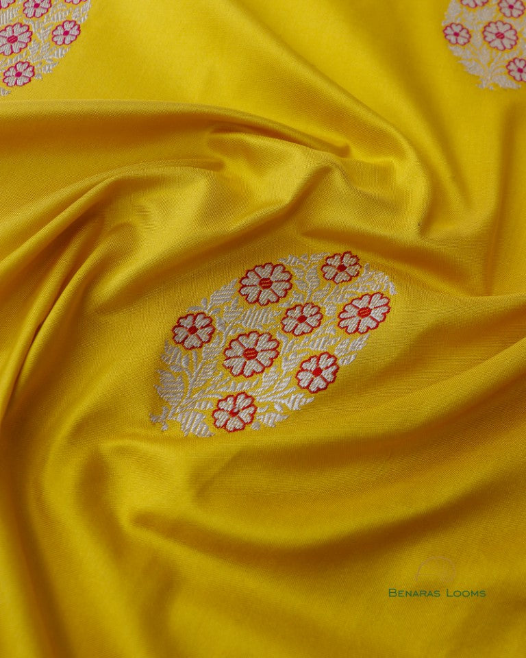 Yellow Floral Satin Silk Kadhua Meenakari  Banarasi Saree