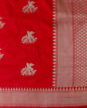Load image into Gallery viewer, Red Handwoven Kataan Silk Banarasi Saree with Shikargah Motifs
