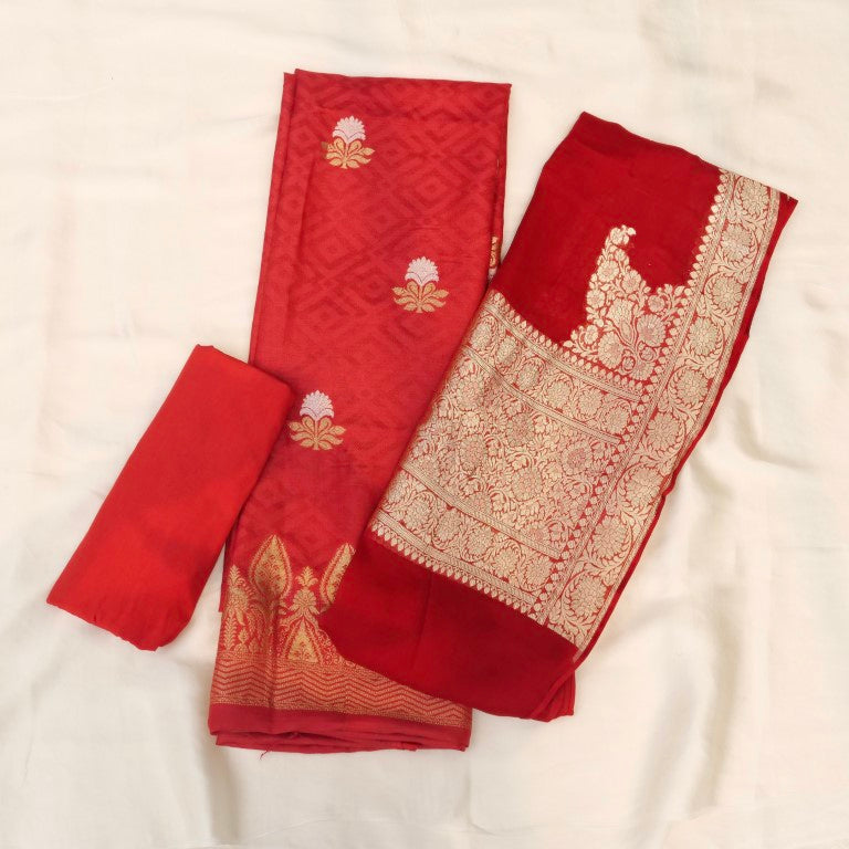 Red Munga Silk Unstitched Suit Fabric