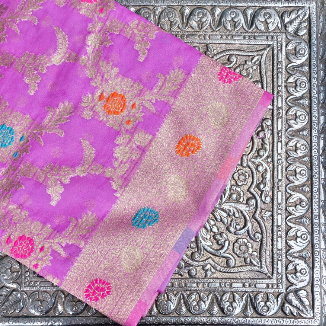 Lilac Meena Floral Jaal Organza Banarasi Saree with Meenakari Border