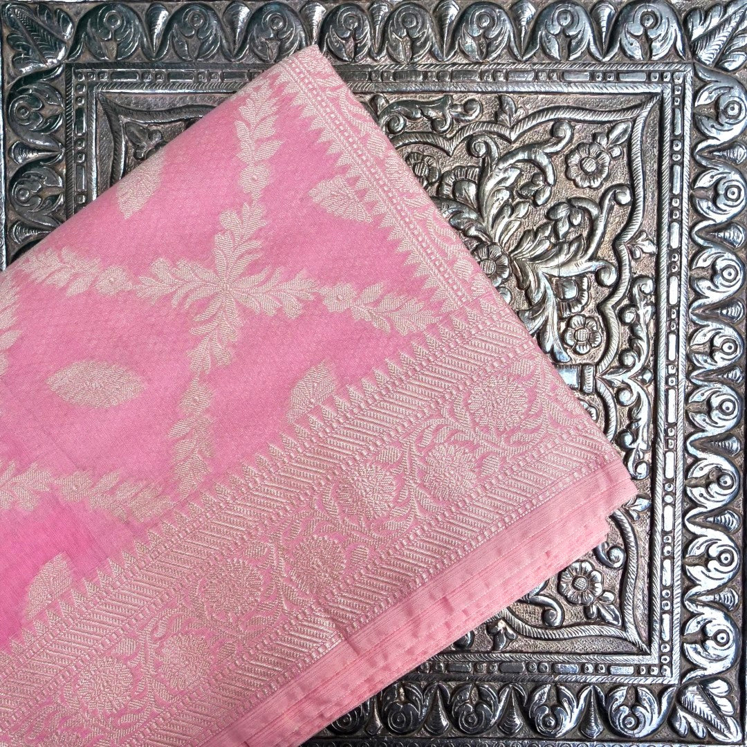Light Pink Cotton Floral Jaal Pattern Woven Banarasi Saree