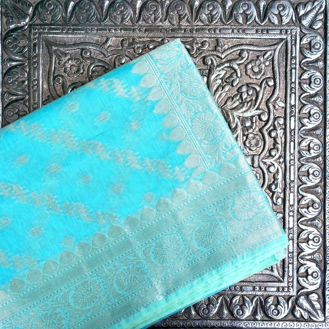 Sky Blue Cotton Adha Jaal Pattern Woven Banarasi Saree
