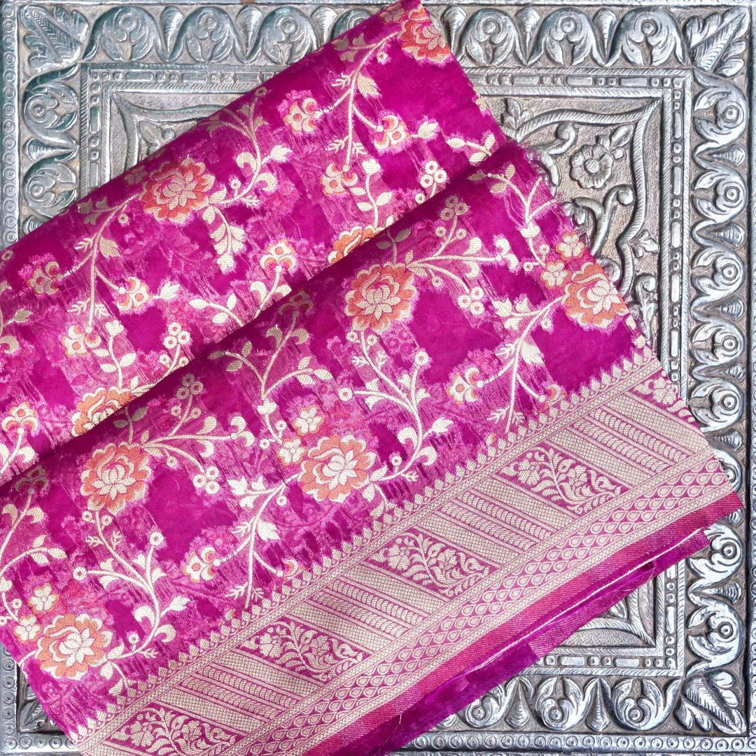 Wine Meena Floral Jaal Organza Banarasi Saree with Meenakari
