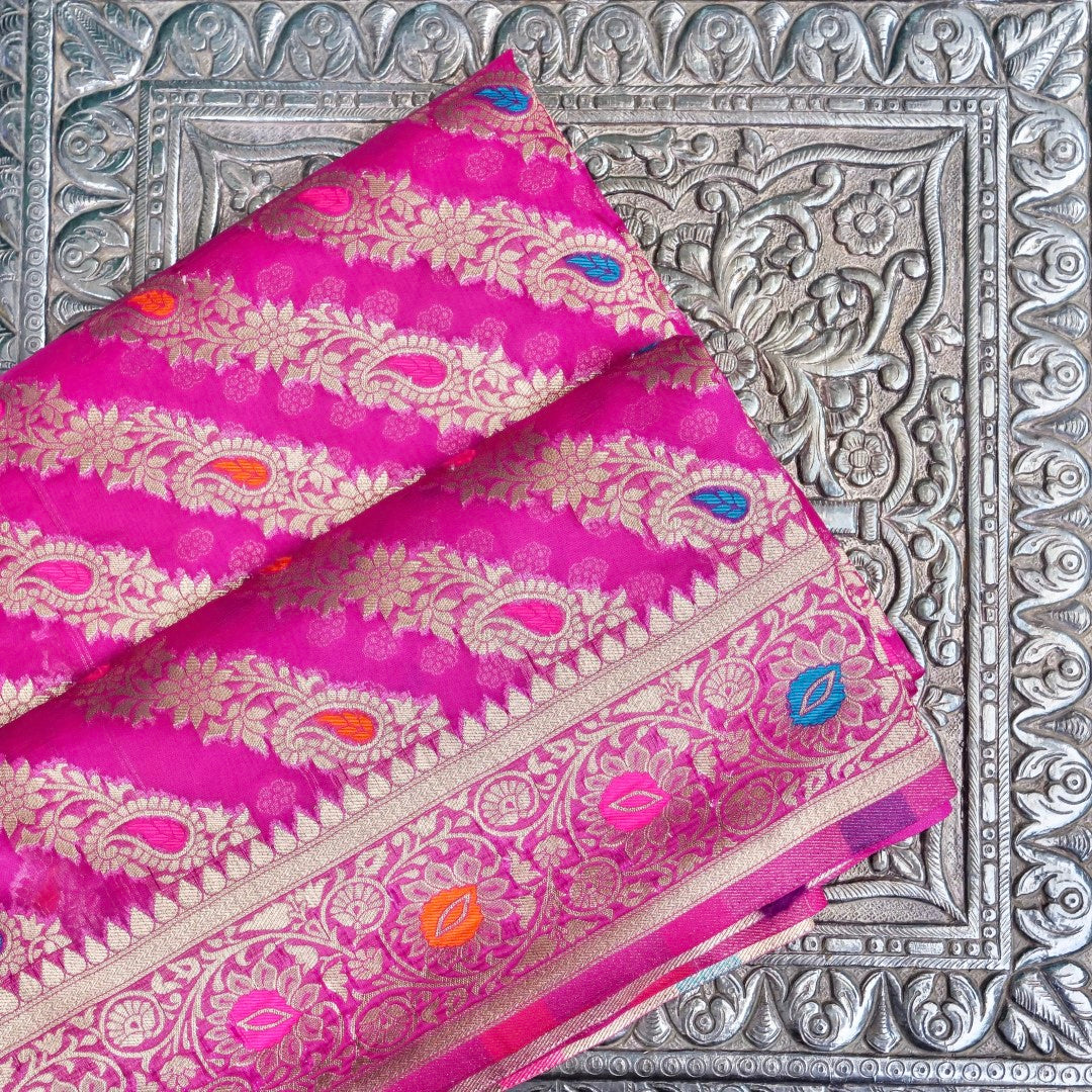 Pink Meena Floral Adha Jaal Organza Banarasi Saree with Meenakari