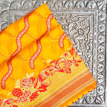 Yellow Adha Jaal Organza Banarasi Saree with Red Meenakari