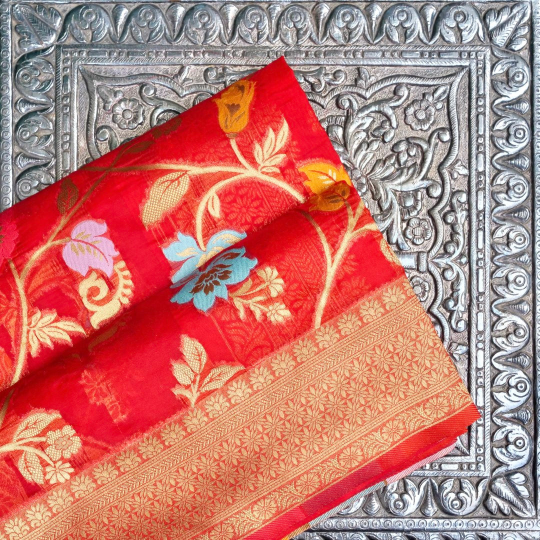 Red Floral Jaal Organza Banarasi Saree with Meenakari