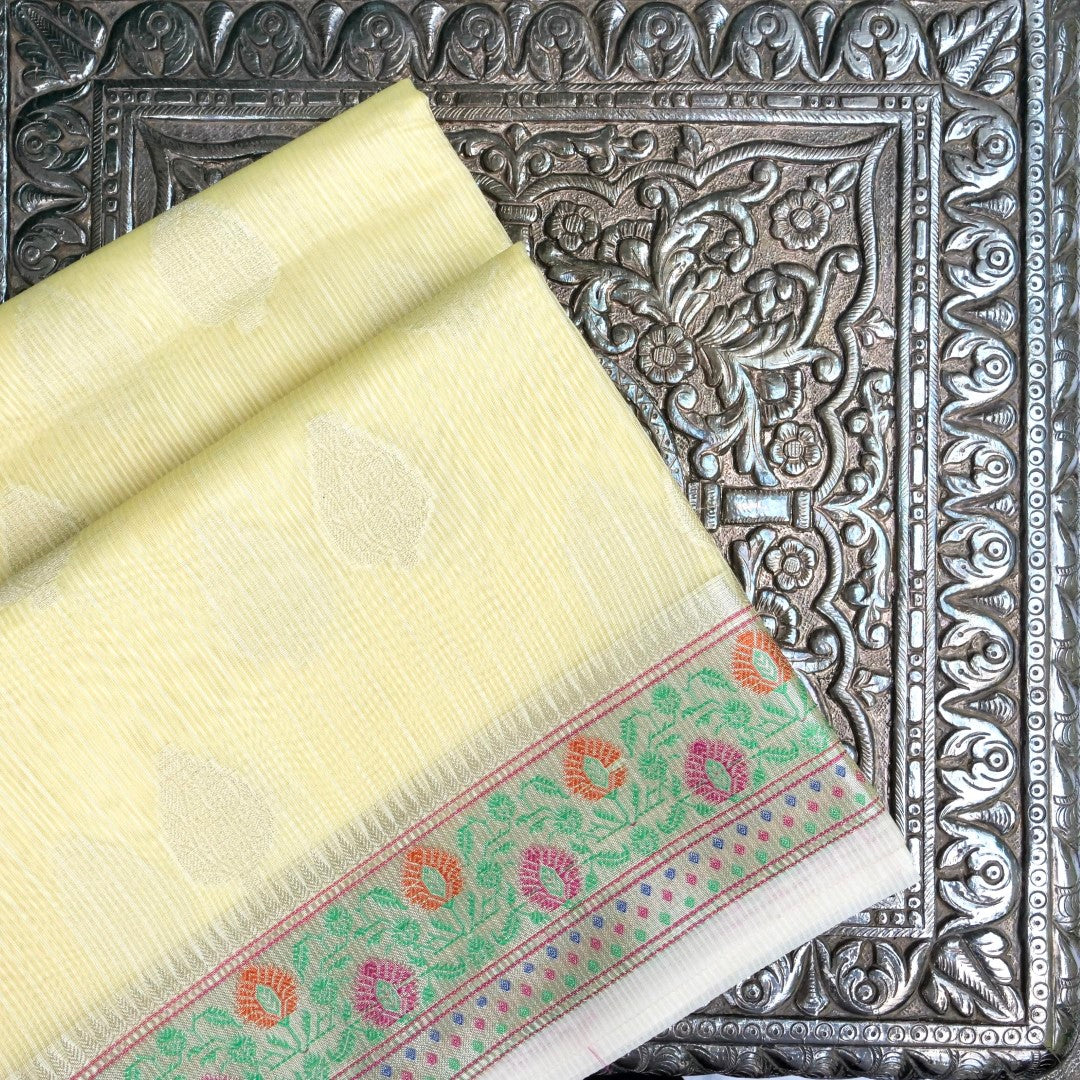 Kota Cotton Lemon Yellow Buta Woven Banarasi Saree with Paithani Border