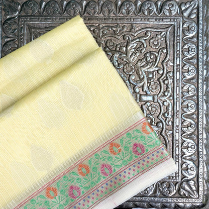 Kota Cotton Lemon Yellow Buta Woven Banarasi Saree with Paithani Border
