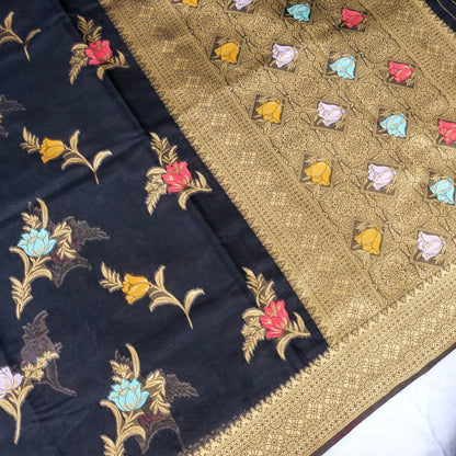 Black Floral Butas Organza Banarasi Saree with Meenakari